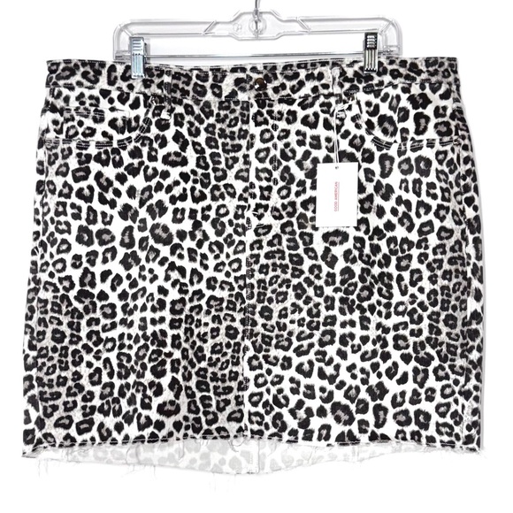 NWT Good American Leopard Print Fringe Hem White Black Jean Skirt Size 18 - Picture 2 of 12